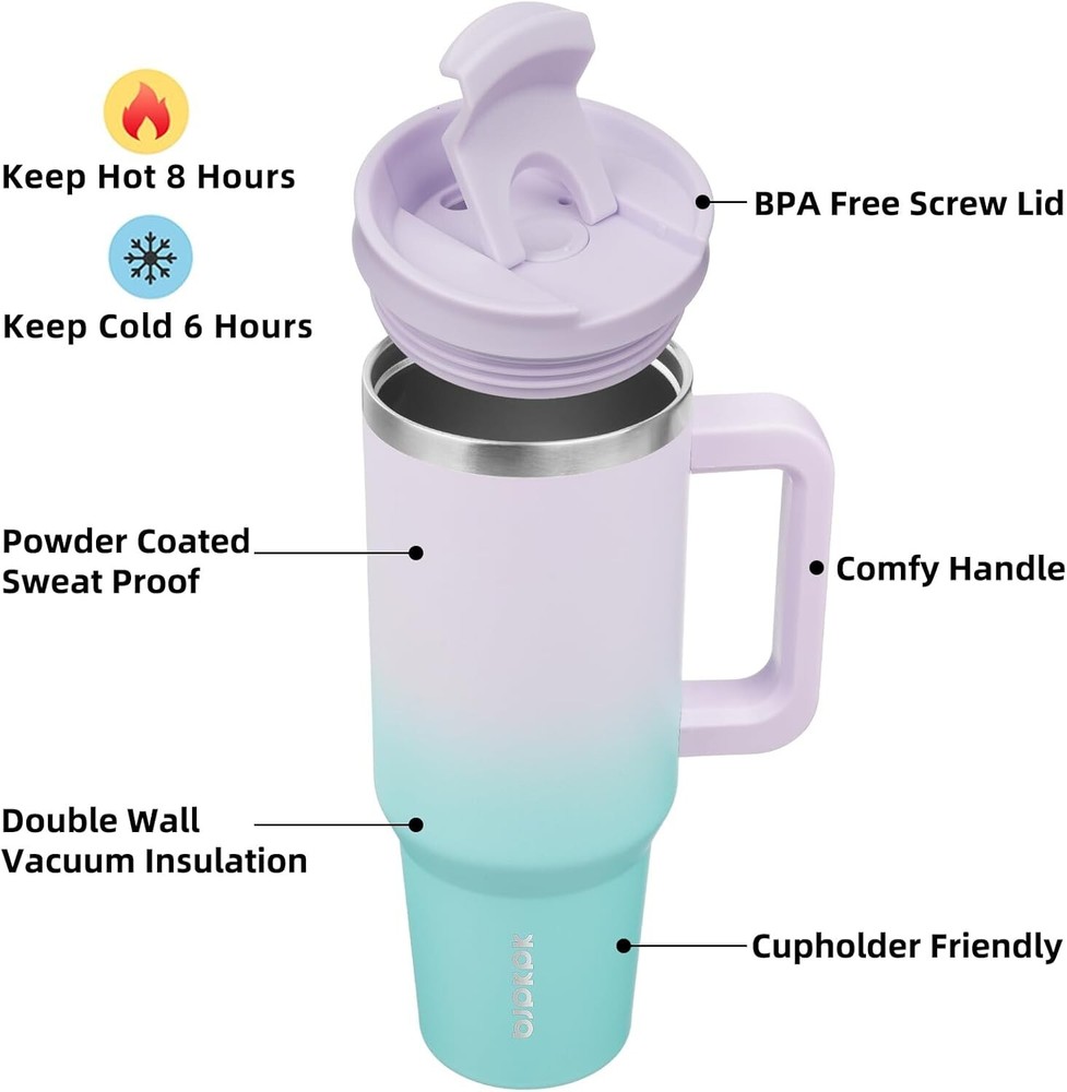40oz Insulated Stainless Steel Tumbler with Handle, Lid, and Straps