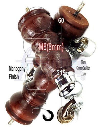 4x SOLID WOOD FURNITURE SOFA LEGS M8 REPLACEMENT FEET WITH CASTORS 215mm HIGH - Picture 17 of 33
