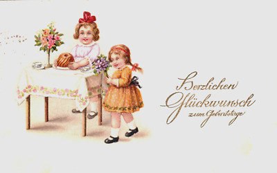 Künstler-AK  2 Mädchen stellen Kuchen auf Geburtstags-Tisch -1934- Verlag: Erika