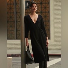 NEW Everlane The Ribbed Wrap Midi Dress Black Size XXS NWT