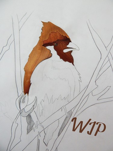 Red cardinal decor painting from wood marquetry wood wall art - Picture 5 of 6