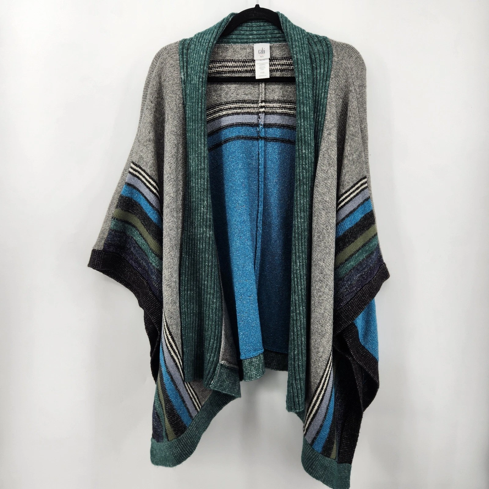 Cabi Striped Open Front Poncho Sweater Teal Gray Blue Medium / Large M/L