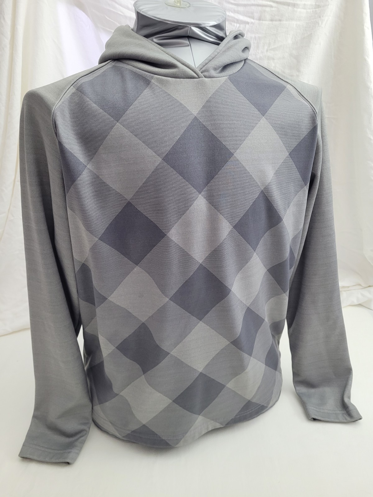 FootJoy Large Fleece Hoodie Gray Plaid Golf Performance Sweater Long Sleeve