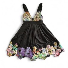 Carmen Marc Valvo Black Orchid Appliqué Cocktail Dress Size Small