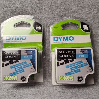 2 Dymo D1 2 pack Black on Clear 1/2'' in. x 23 ft & 10 ft  White on Blue Labels 