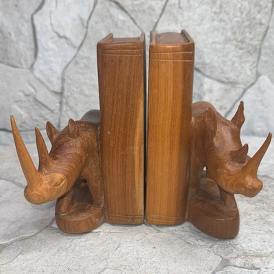 Hand-Carved Wood Rhino Bookends Pair 7'' Decorative Well Made Vintage 