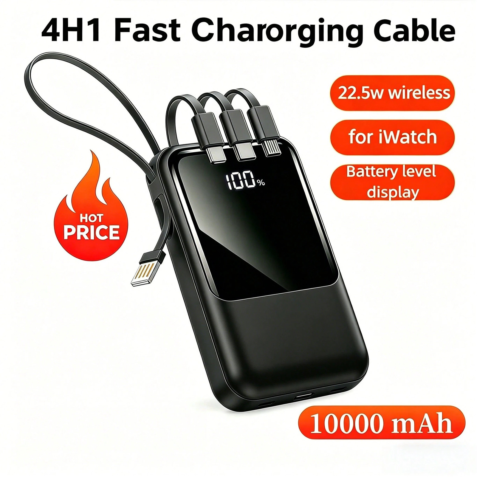 Compact Power Bank 10000mAh Built-in Cable Portable