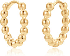 14K Gold Filled Huggie Hoop Earrings for Women - Dainty Small Beaded Hypoallerge