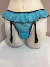Vintage 2005 Victoria Secret Blue  Black Trim Flutter Garter Thong Size XS/S
