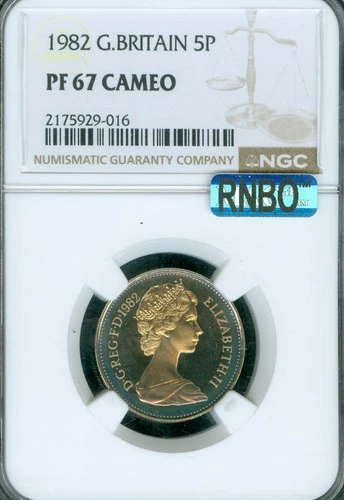 1982 GREAT BRITAIN 5 PENCE NGC PF67 CAMEO MAC RNBO OR RAINBOW GORGEOUS  .