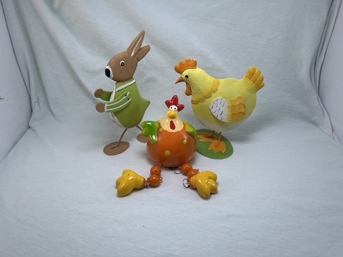 3 X Figuren Deko Ostern Huhn+Hase Metall Kantenhocker Huhn - Bild 1 von 6