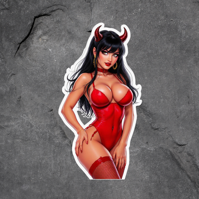 #ad Pinup Girl Sticker Vinyl Decal Devil Costume Horns Red Fishnet Seductive 7quot; $5.94