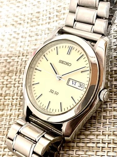 Rare Model Excellent Condition 1995 Vintage Working SEIKO SQ50 Day Date Overseas