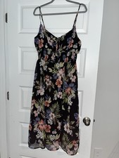 Patrons of Peace Women's L Black Floral Strappy V-Neck Midi Dress