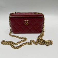 Chanel 22K Red Quilted Lambskin Vanity Case Box Makeup Bag with Gold PillarChain