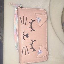 Pink Cat Face Women's Wristlet Wallet with Zipper, Card Slots, Strap