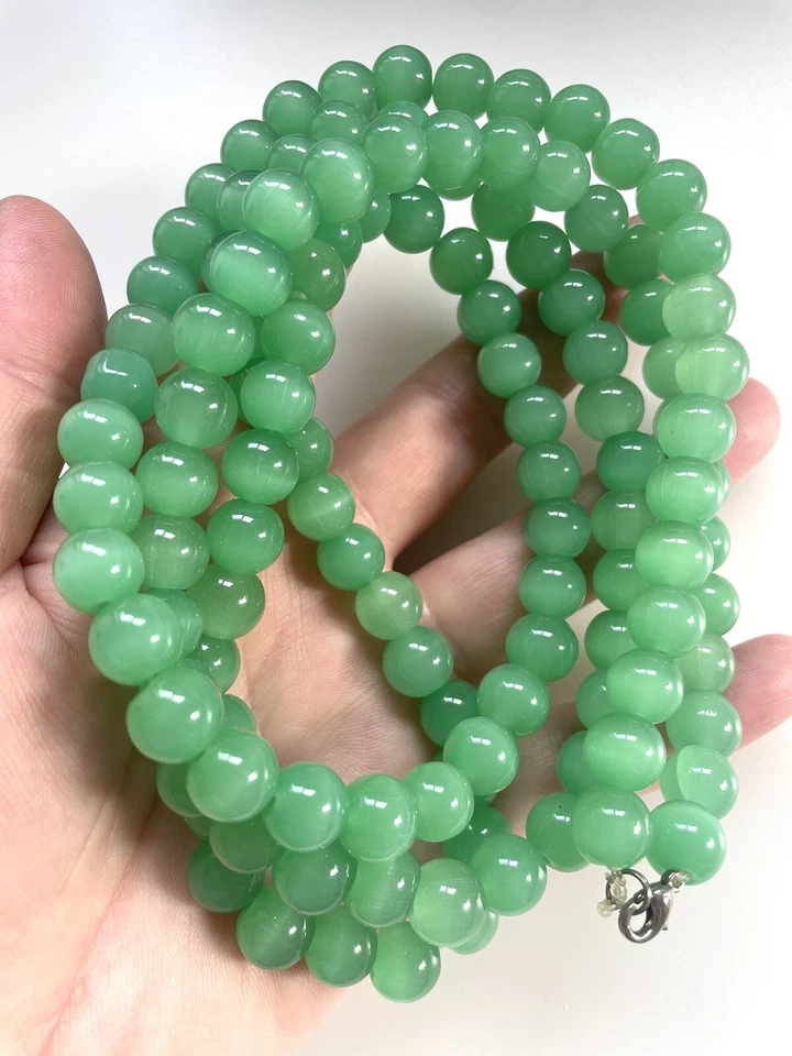 Antique Silver Plated Apple Green Satin Handmade Glass Beaded Necklace 45" - Image 4 of 4