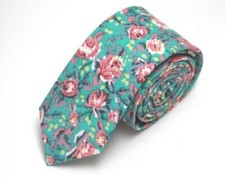 Green Pink Floral cotton Men  s Necktie Skinny 2 1/2W 58L
