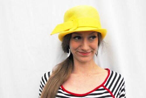 1960s Mod Yellow Gogo Bucket Hat Retro Space Age Lazarus Costume Buckle Bowler - Picture 1 of 4