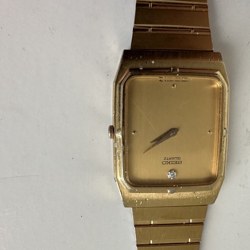 VTG Seiko Watch Men Gold Tone Gold Dial Diamond Marker26mm Rectangle - Picture 2 of 10