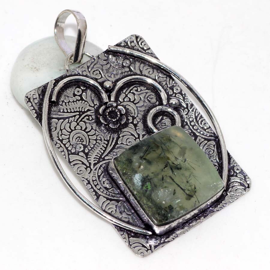 Moss Prehnite 925 Silver Plated Handmade Gemstone Pendant 2.3