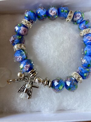 Cross Angel Heart Rose Glass Lampwork Strech Bracelet Size 7 Hurry ! 1 Available