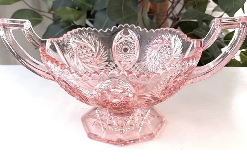 Vintage Carnival Glass Pink Pinwheel Pedestal Trophy Candy Bowl