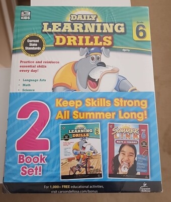 2 Book Set Daily Learning Drills, Math/Language Arts Grade 6 Paperback Workbooks