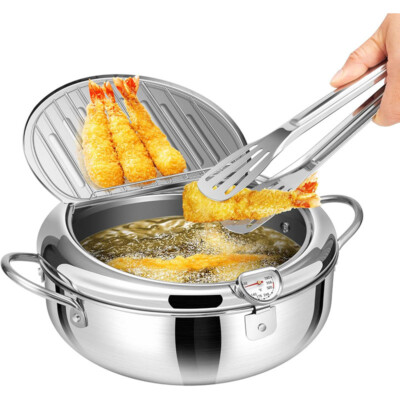 304 Stainless Steel Deep Fryer Pot 3.2 L with Tong Thermometer Tempura Fryer Pan