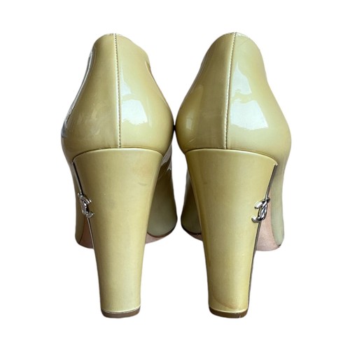 CHANEL Pale Yellow Patent Leather CC Logo Silver Heel Peep Toe Pumps, Size 41 - Picture 7 of 12