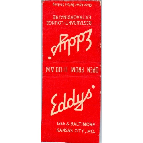 Eddy's Restaurant Kansas City MO Advertising Matchbook Cover MM8-6