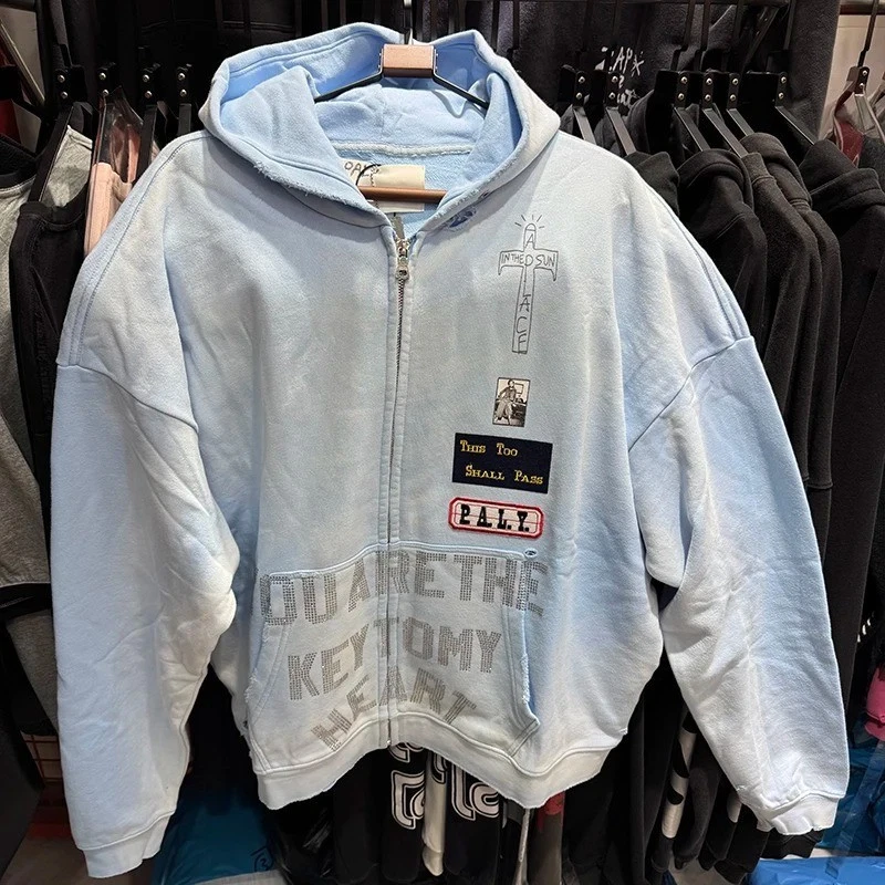 This Too Shall Pass Embroidered Patchwork Paly Baby Blue Mens Zipper Hoodie