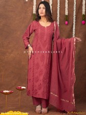 Maroon Chikankari Kurta Set, Chikankari 3 Piece Set, Women Salwaar Kameez Suit