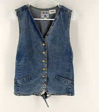 Vintage Cherokee Women s Blue Denim Button Front Vest w/ Pockets Sleeveless L