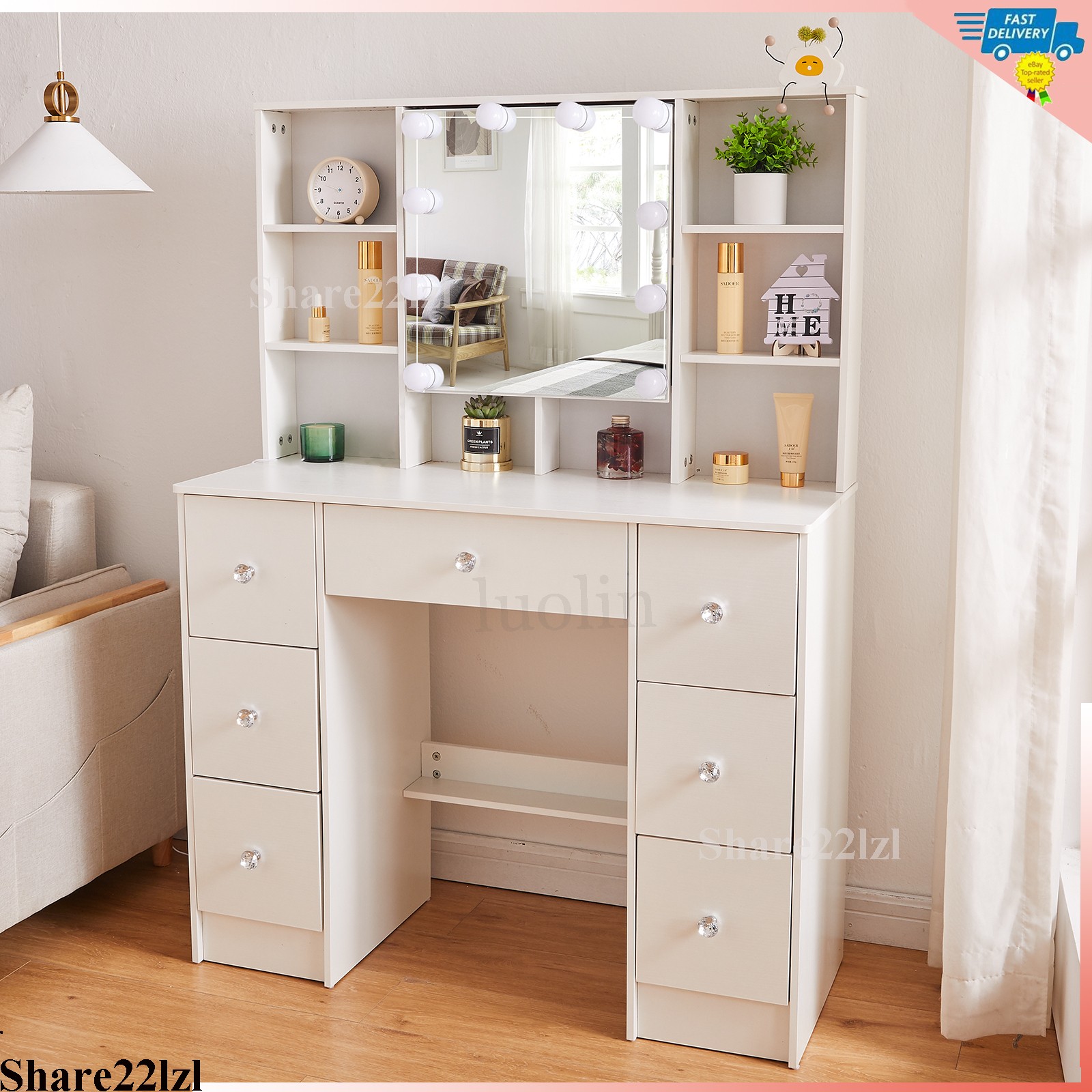 Vanity Set with Led Lights Mirror Makeup Desk Dressing Dresser Table 7 Drawers