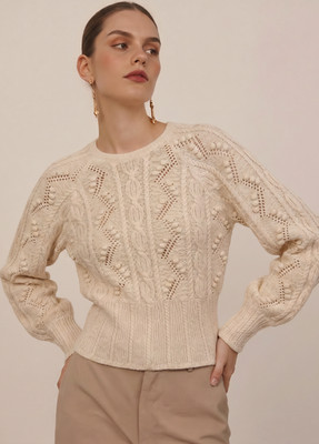 NWOT Vero Moda Women s Cable Knit Bobble Sweater Flare Hem White Cream Size M