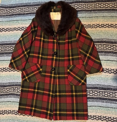 Vintage 50s 60s Joseph Bernard Womens Long Coat Fur Collar Wool Plaid Lassie