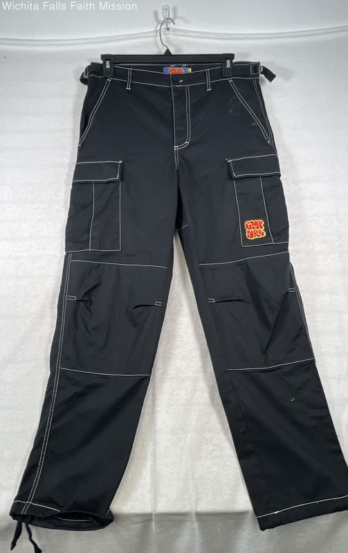 Vintage Y2K Gnyuru Men's Black Wide Leg Contrast Stitch Cargo Skater Pants Sz 32