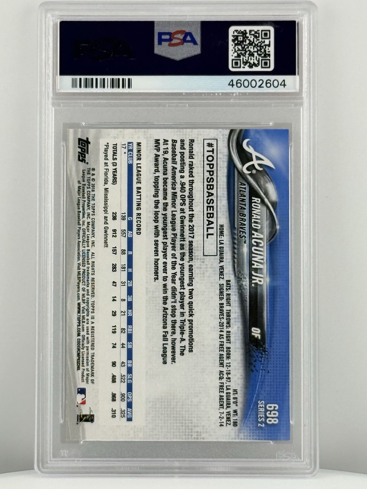 Topps 2018 Series 2 Ronald Acuna Jr Bat Down #698 Rookie Atlanta Braves PSA 10 view 2