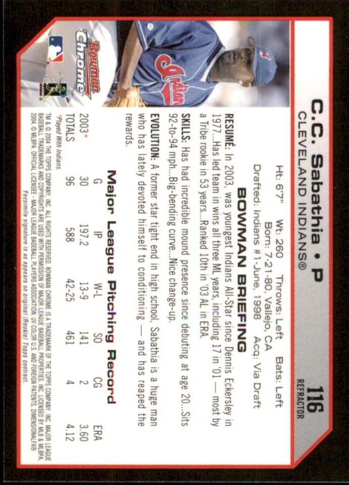 2004 Bowman Chrome Refractors #116 C.C. Sabathia - Image 2 of 2