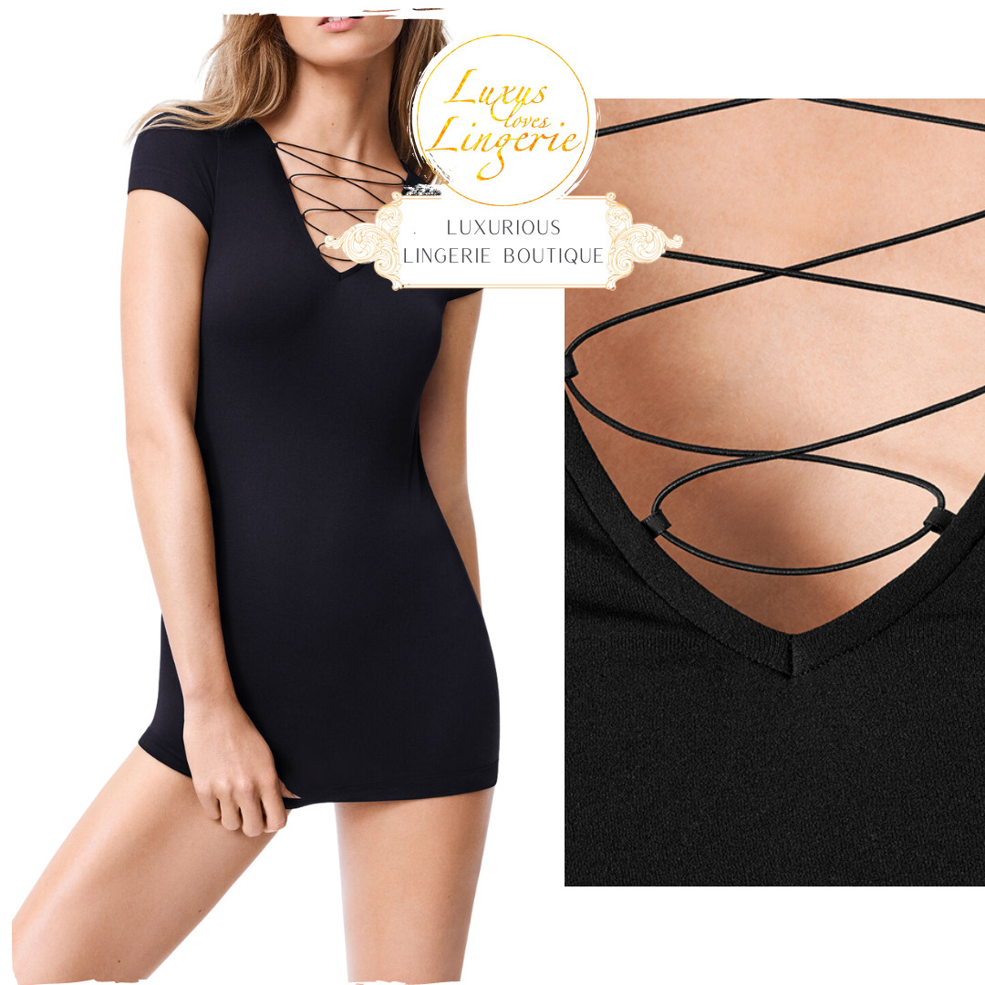 Grace Shirt by Wolford XS Extra Small Black Top with Lacing Short Sleeve