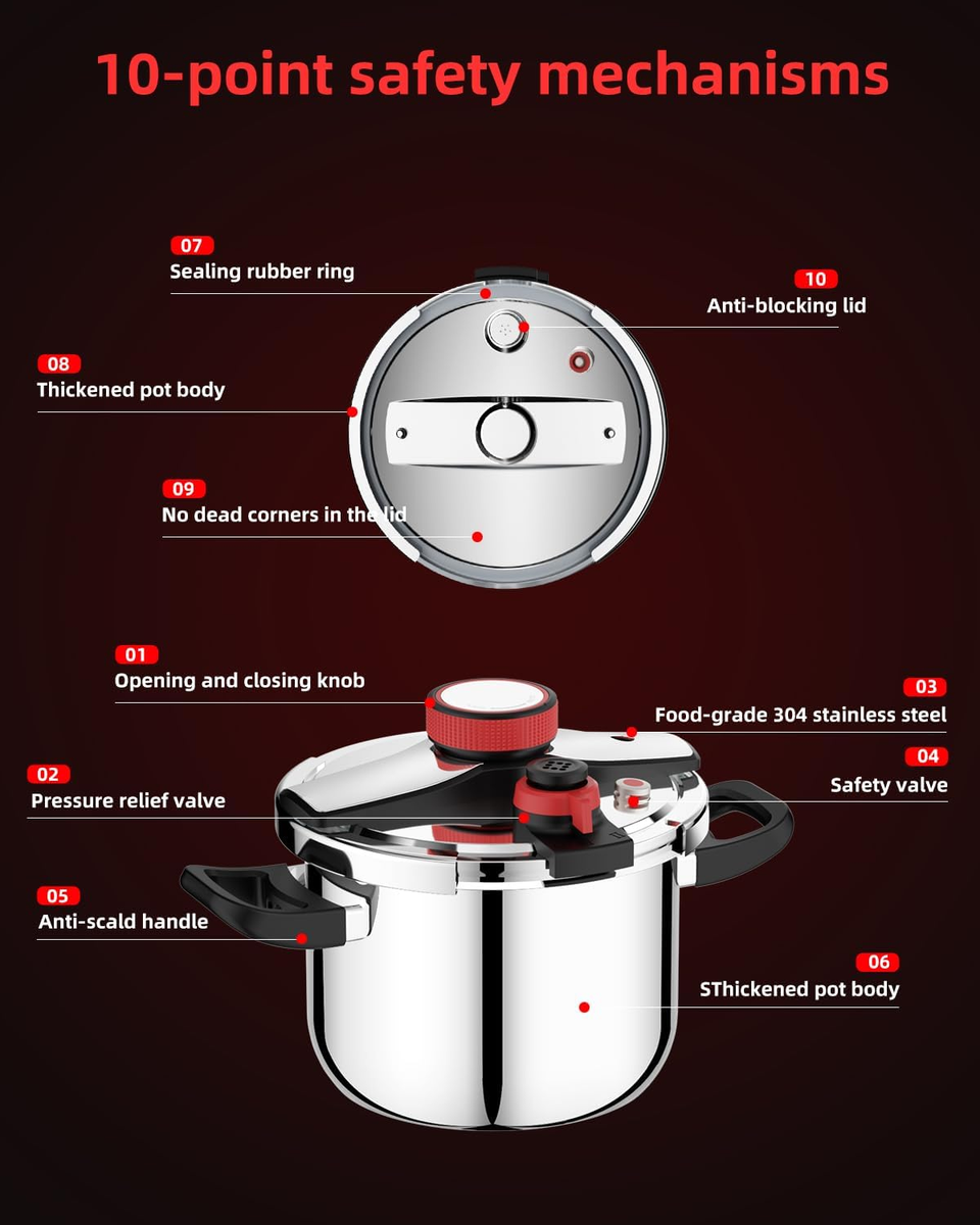 8 Qt Stainless Steel Pressure Cooker, One-Hand Locking, Fast