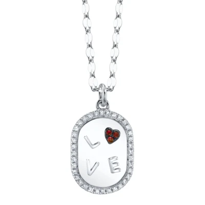 14K Gold Herz Rubin Diamant LOVE Halskette Oval Dog Tag Anhänger 0.12CTW - Bild 1 von 3