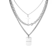 Mens Silver Tone Multi-layer Dog Tag Cross Pendant Necklace Chain Free Engraving