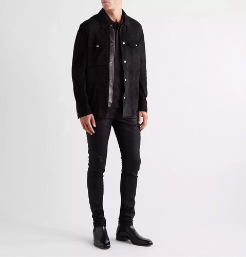 Men Leather Shirt Jacket Black Pure Suede Size XS S M L XL XXL 3XL 4XL 5XL 6XL - Picture 2 of 6