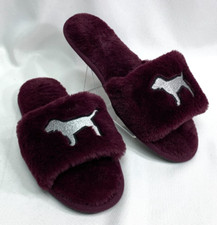 Victoria's Secret PINK Fuzzy Slippers Slide On Scuffs Sz 9-10 Large Purple Plum