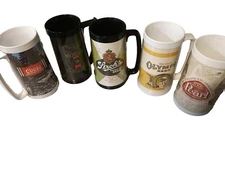 Lot Of (5) VTG Thermo-Serv Plastic Beer Mugs Coors Strohs Olympia And More 