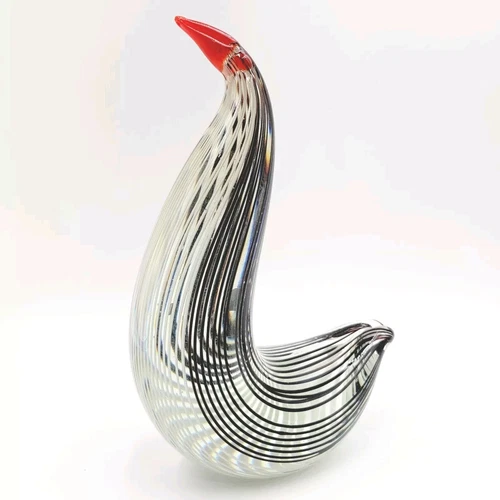 Glass Bird 9” Black & White Striped Body Red Beak Murano Style Art
