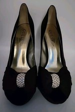 VTG GUESS WOMENS LADIES STILETTOS PEEP TOE RHINESTONE BOW Sz 7 1/2 M