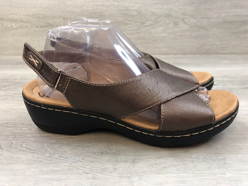 Clarks Hayla Heaven 16180 Women 9.5M Brown Leather Wedge Heel Slingback Sandal